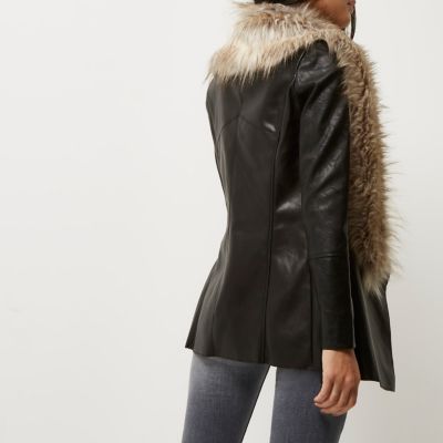 Black faux fur collar fallaway jacket